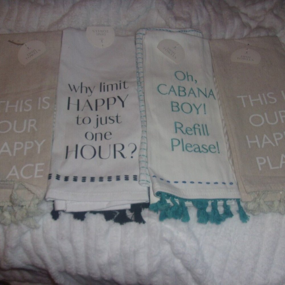 Bundle kitchen Dish Towel Set Oh Cabana Boy! Happy Place! White & Teal 25" x 15"